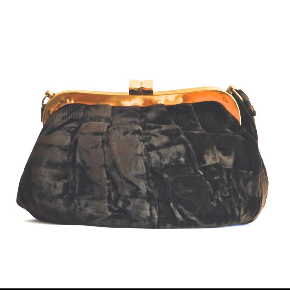 Garay 1950's Brown Velvet Bag With Pleating & Coin Purse
